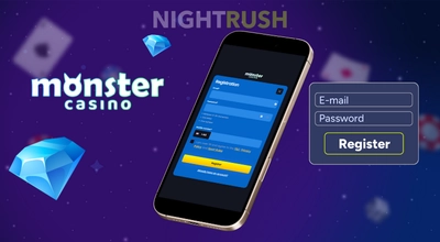 A phone with Monster Casino's registrations, a register button and a casino logo on a starry background.