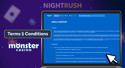 A laptop with Monster Casino's terms, a terms button and a casino logo on a starry background.