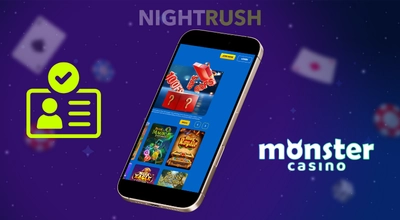 A phone with Monster Casino, a verification and a casino logo on a starry background.