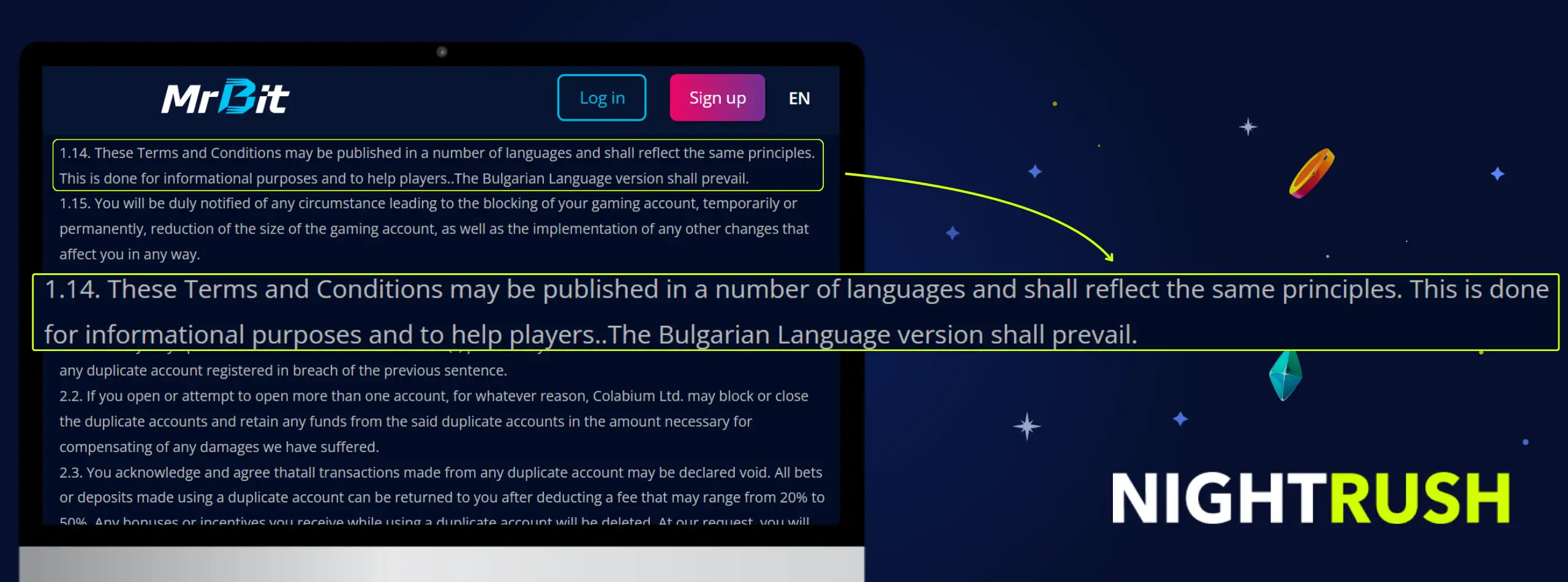 Monitors displaying the terms page for MrBit. A callout box highlights section 1.14.