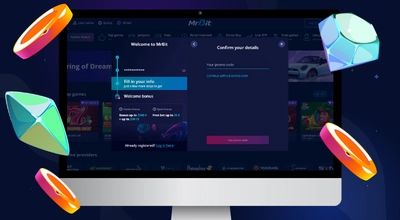 The monitor shows the bonus code form at MrBit casino.