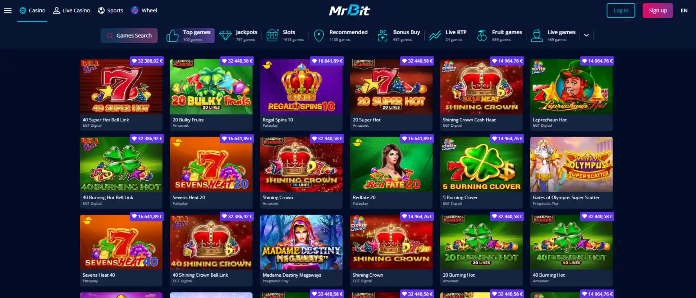 Screenshot of MrBit Casino’s game selection
