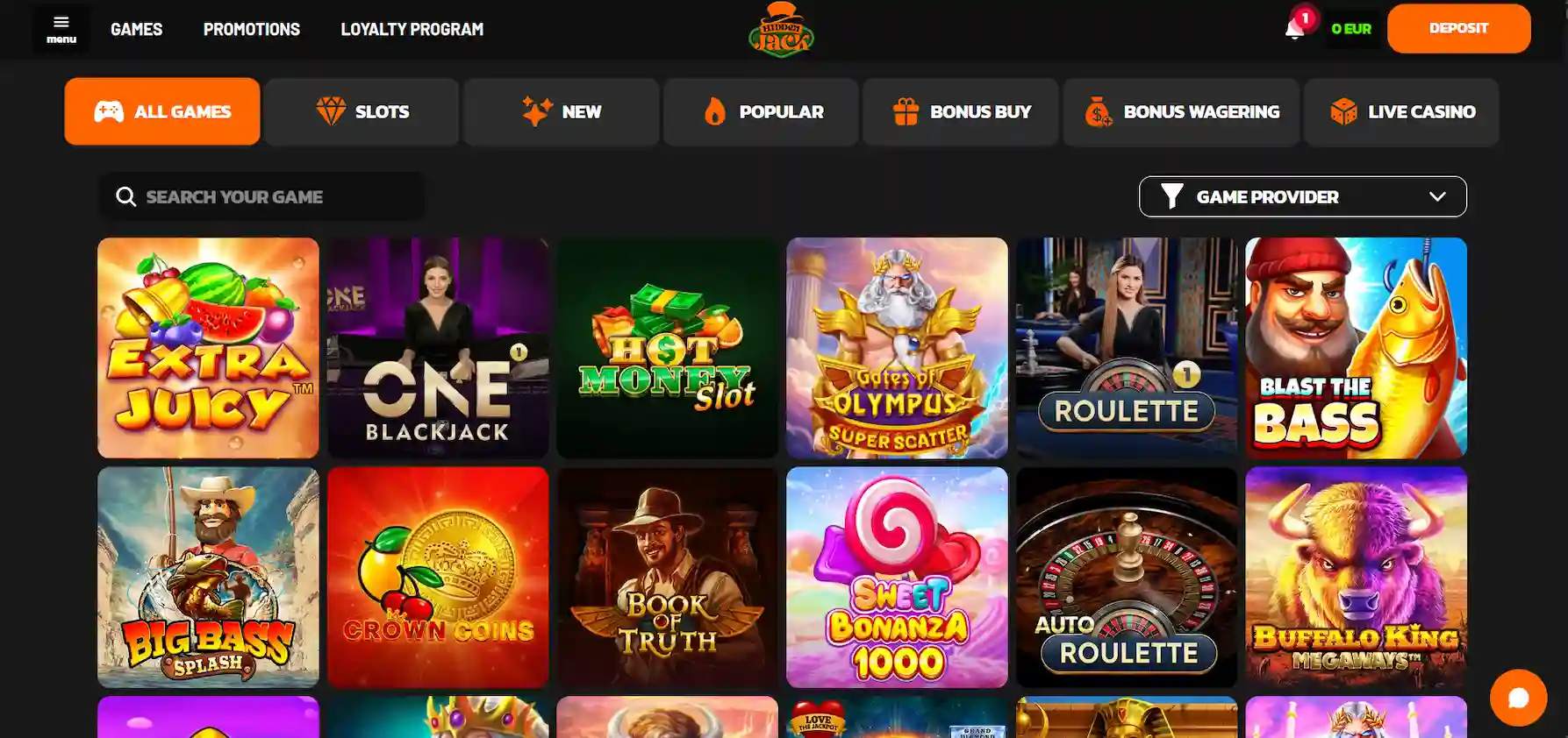 Hidden Jack Casino's main page with all titles and filters against a black background.