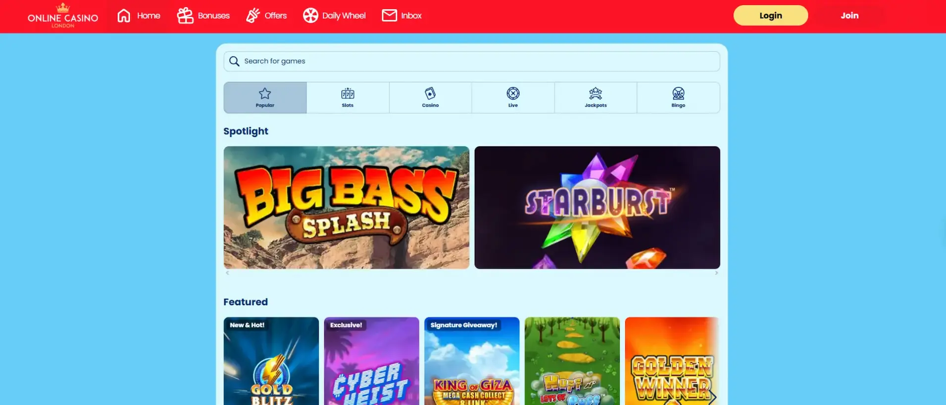 Screenshot of Online Casino London game selection