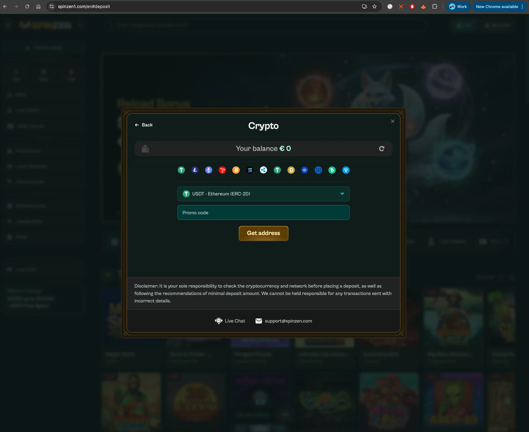 Spinzen casino crypto payment method screen