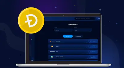 Laptop displaying Dogecoin payment options for online casino deposits and withdrawals.