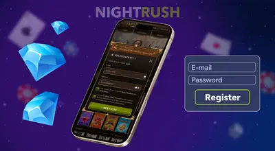 Smartphone displaying a casino registration form next to floating blue diamonds.