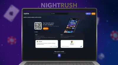 Laptop screen showing a QR code and instructions for downloading a mobile casino application.