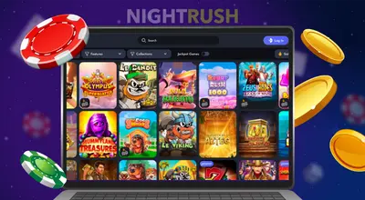 Laptop screen displaying a grid of online casino slot games with floating poker chips and coins.