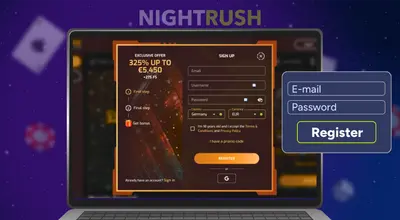 Laptop showing a 325% casino signup bonus offer and registration form.