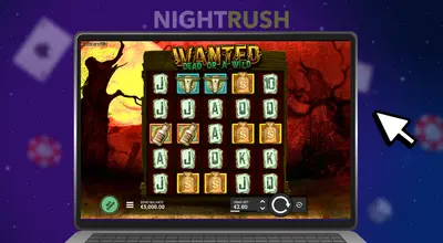 Laptop screen displaying the Wanted Dead or a Wild slot game by Hacksaw Gaming.
