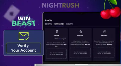 WinBeast's verification on a laptop with a cherry, a verify button, and the casino logo.