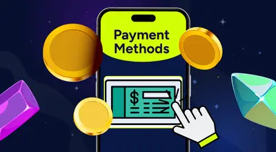 Smartphone displaying an eCheck payment option with gold coins and gems floating around it.