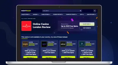 Laptop shows Nightrush website, Online Casino London review page.