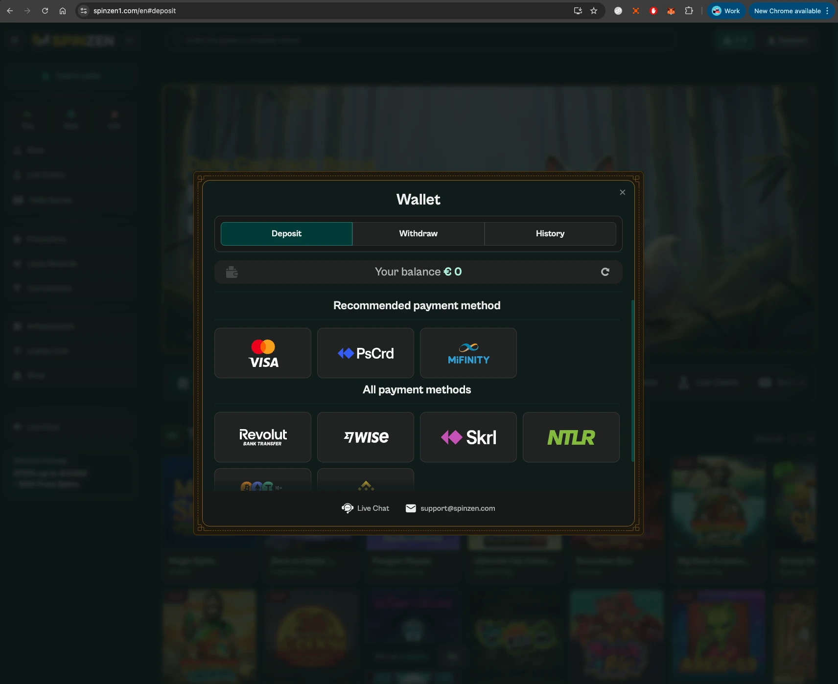 Spinzen casino deposit methods screen