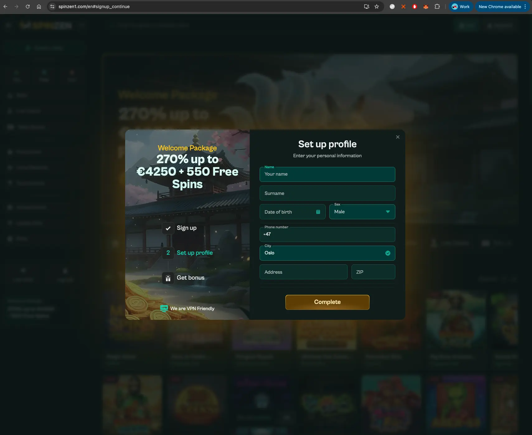 Spinzen casino sign-up screen