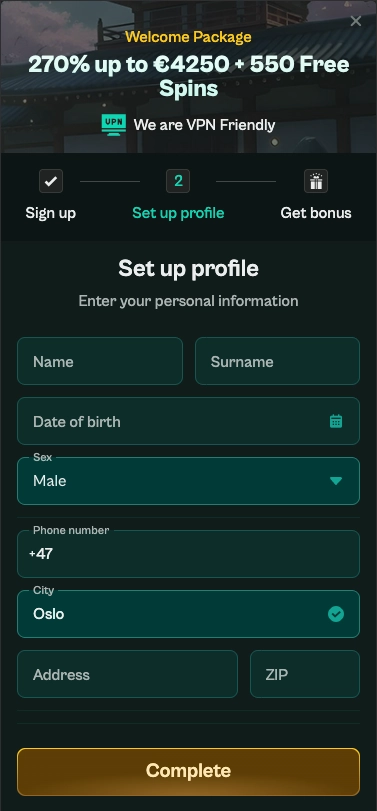 Spinzen casino sign-up screen