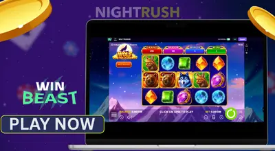 A slot on a laptop with two coins, a play now button, and the casino logo.