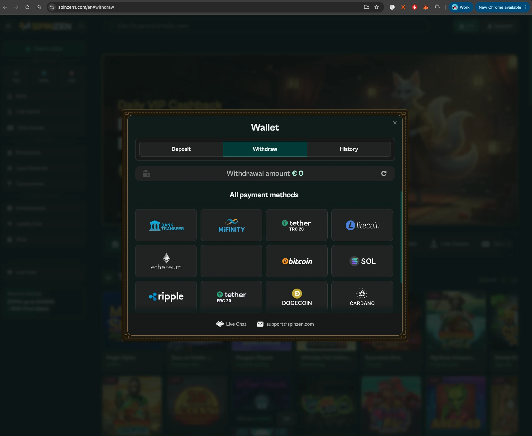 Spinzen casino withdrawal method screen
