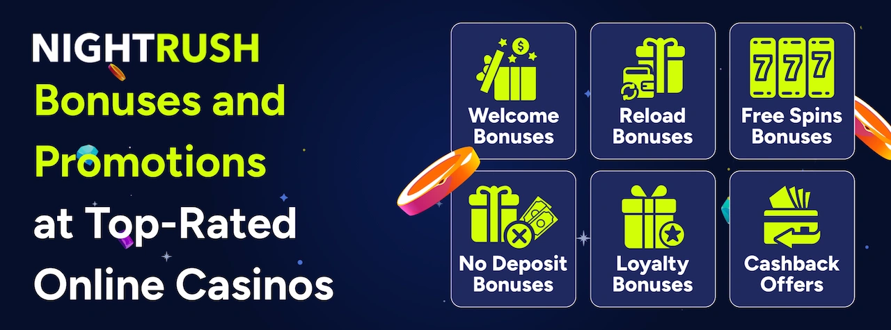 Six icons for Welcome, Reload, Free Spins, No Deposit, Loyalty, and Cashback casino bonuses.