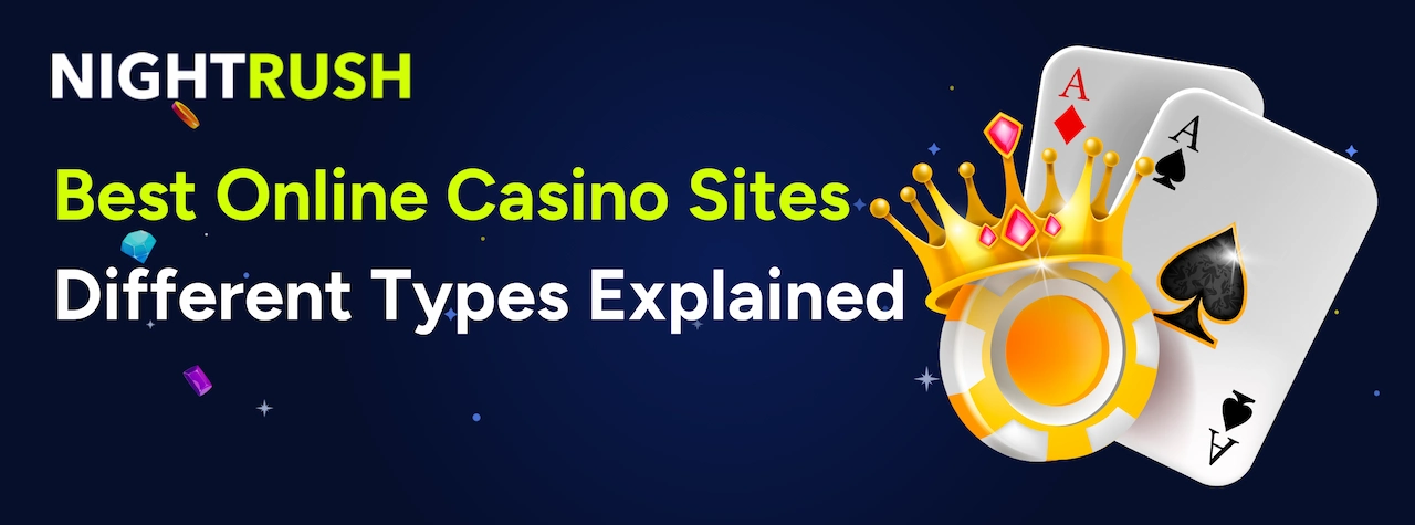 A banner with a golden crown on a poker chip next to two aces.