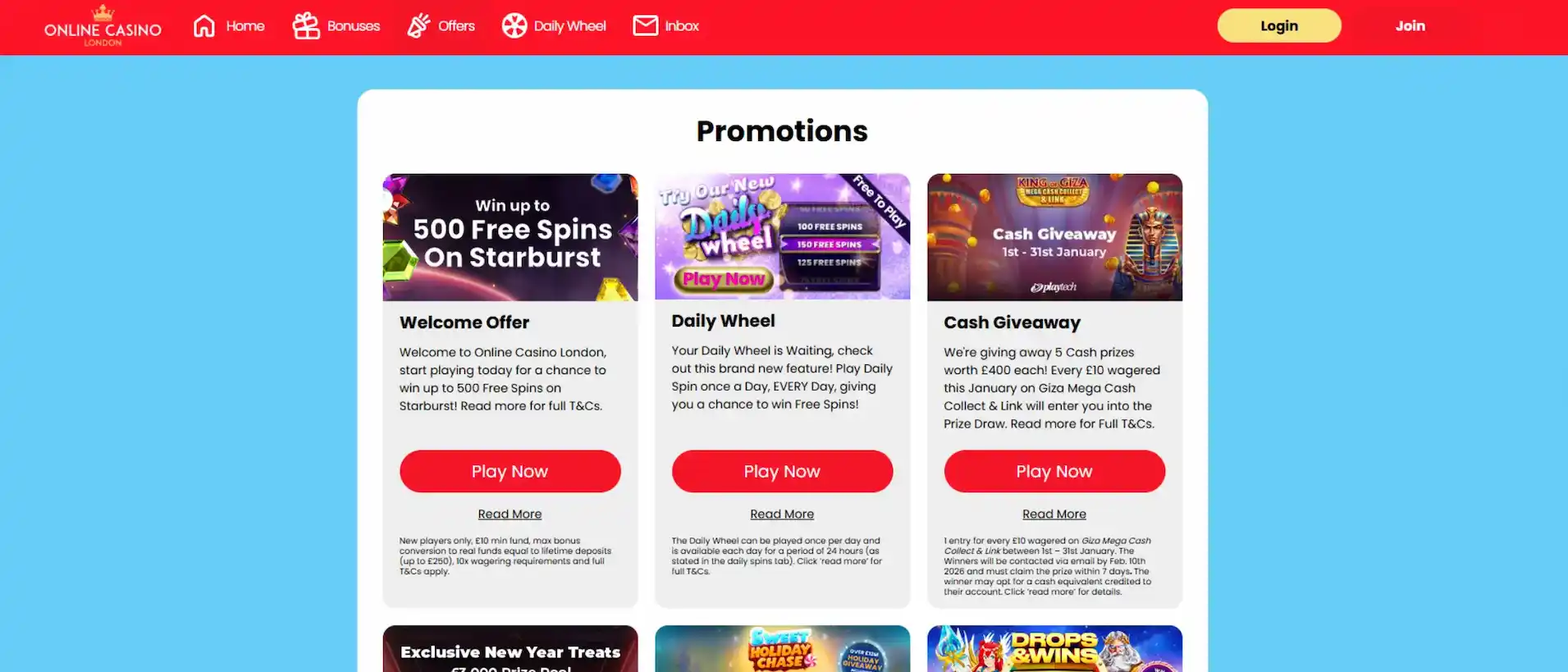 Screenshot of Online Casino London offers page