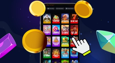 Smartphone screen showing a grid of slot games with floating gold coins and a hand clicking an icon.