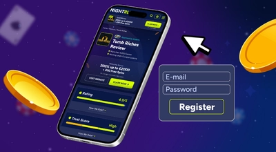 Smartphone showing a Tomb Riches review and email registration fields.