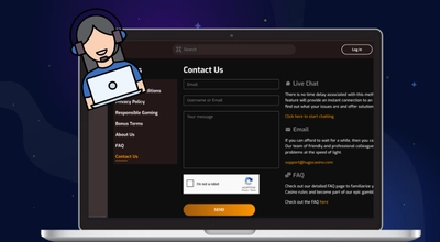 Laptop screen showing the contact page with options for live chat, email, and a comprehensive FAQ.
