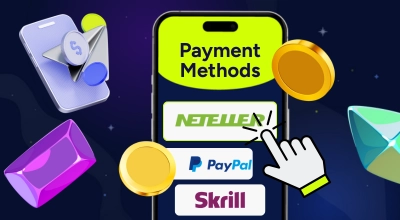 Smartphone screen showing logos for Neteller, PayPal, and Skrill under Payment Methods.