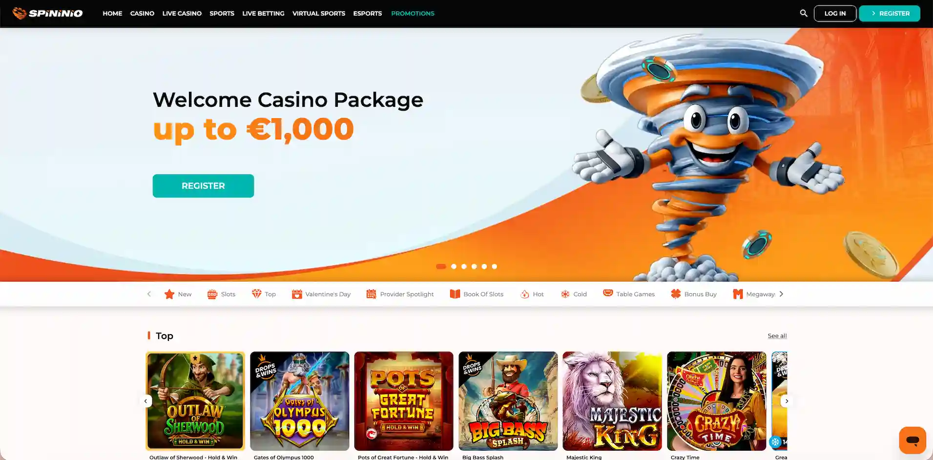 Spininio Casino homepage.