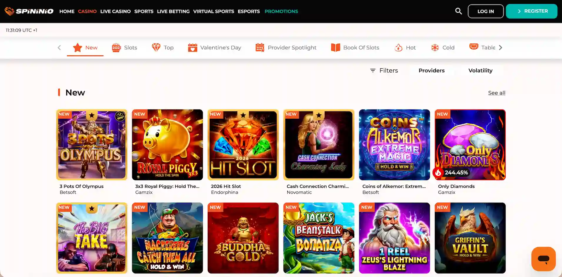 Spininio Casino game selection.