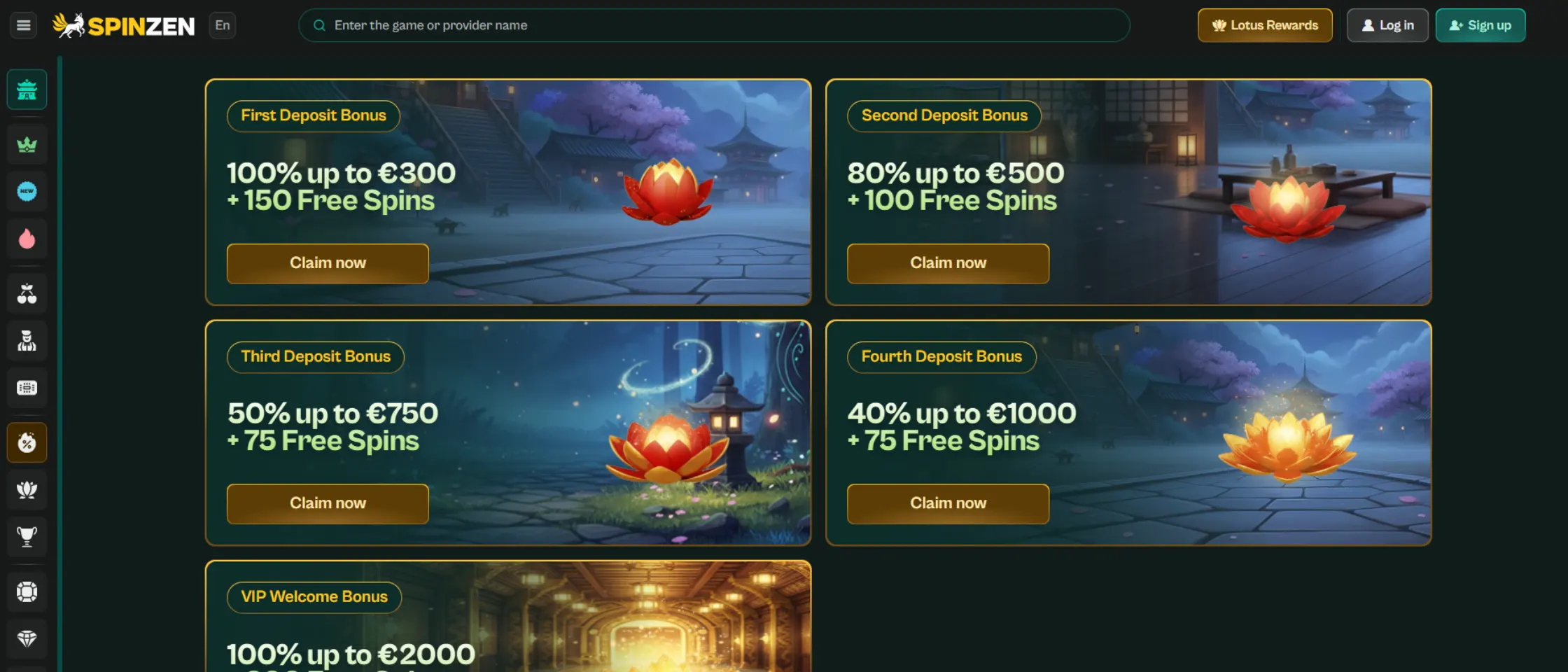 Screenshot of Spinzen Casino’s promotions page.