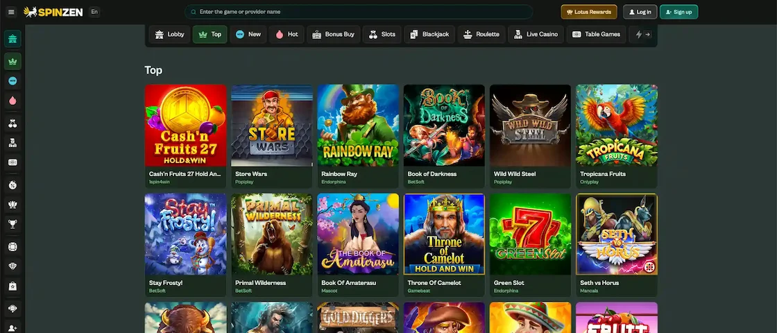 Screenshot of Spinzen Casino’s game lobby.