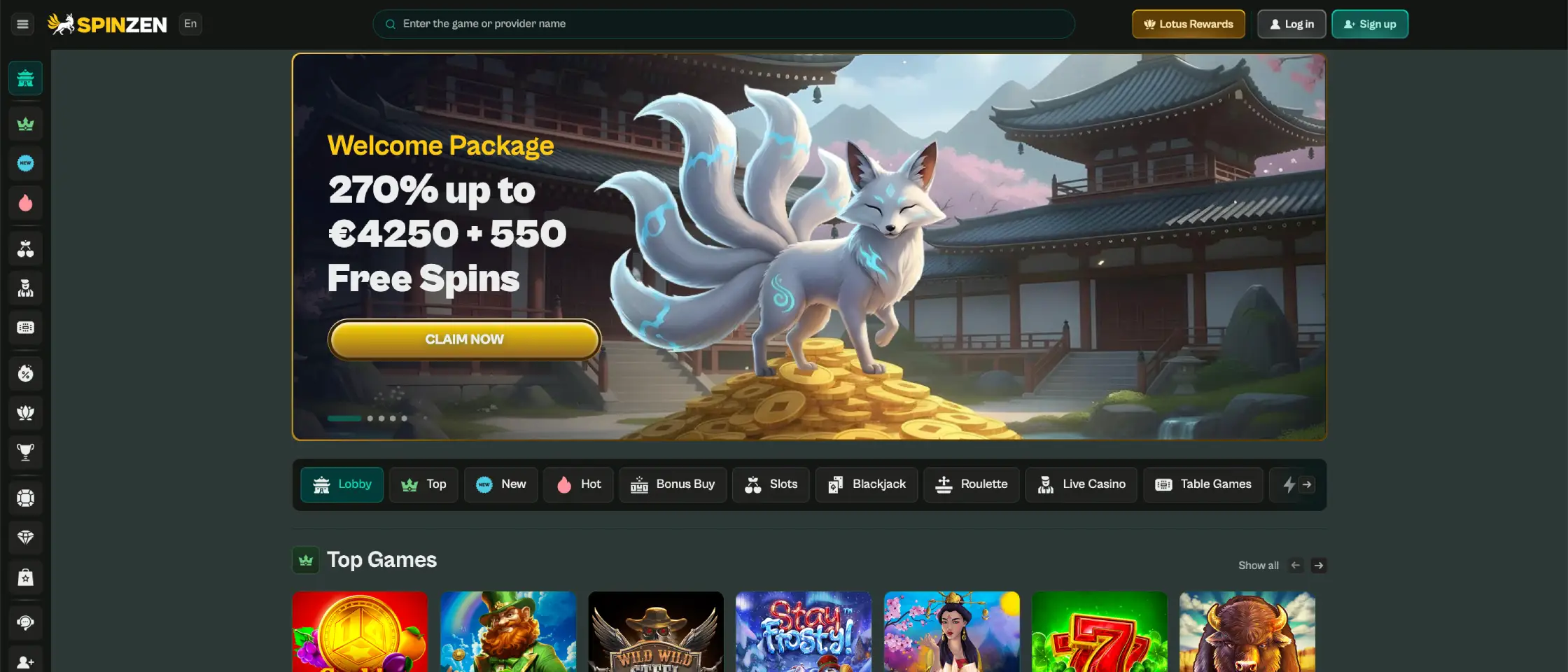 Screenshot of Spinzen Casino’s homepage.