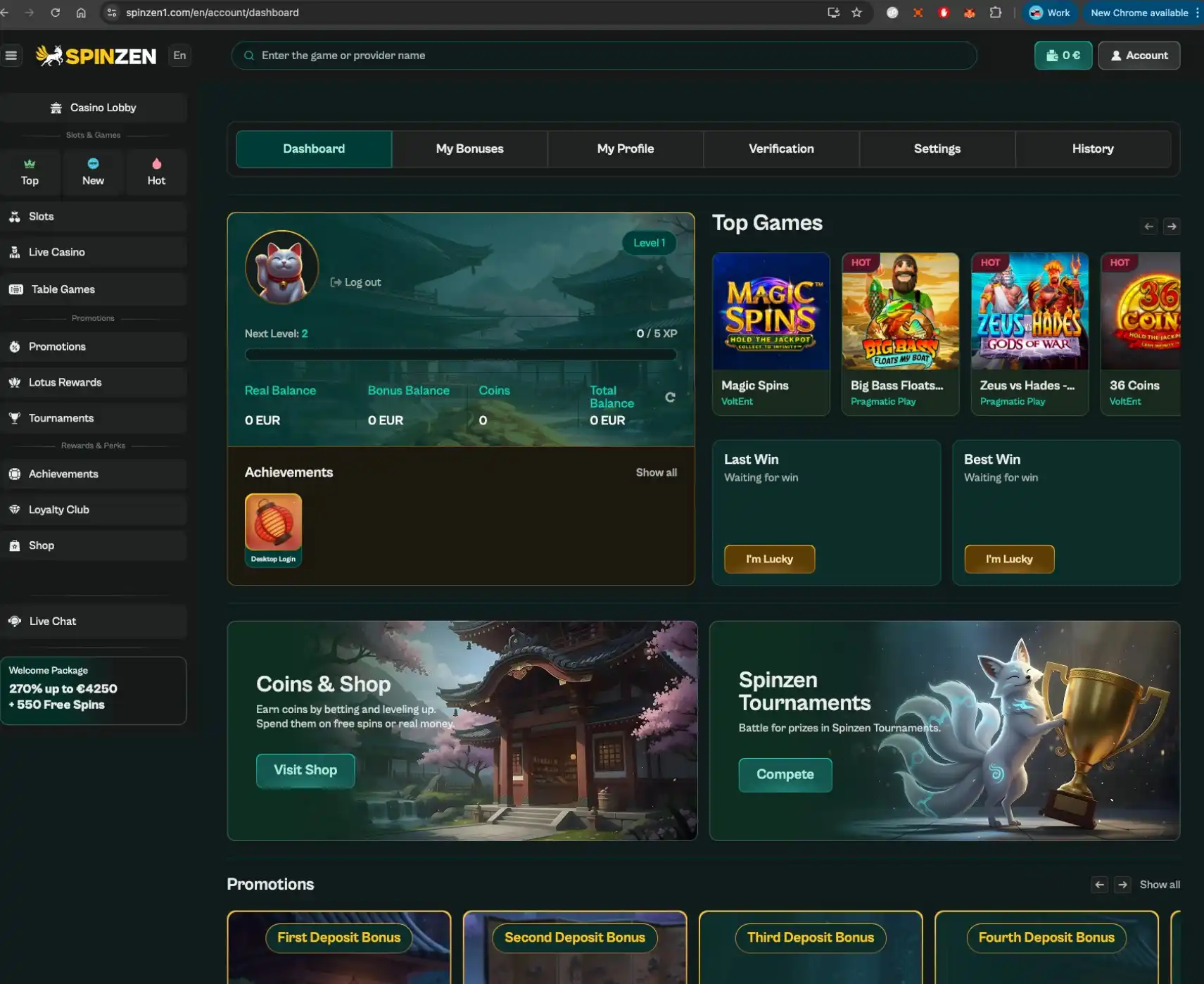 Spinzen casino Account dashboard screen