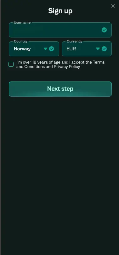 Spinzen casino sign up screen