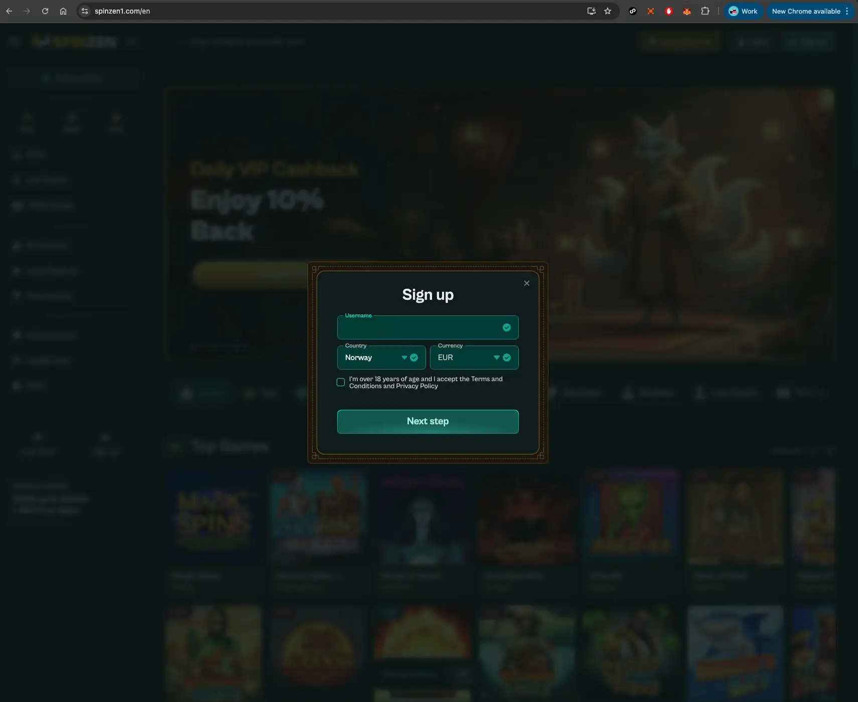 Spinzen casino sign up screen