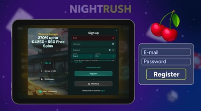 Tablet showing a casino sign-up form next to red cherries and a Register button.