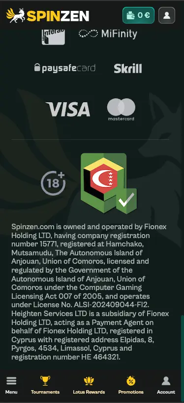 Spinzen casino licence screen