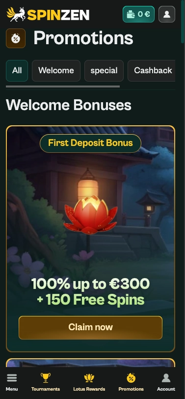Spinzen casino promotions screen