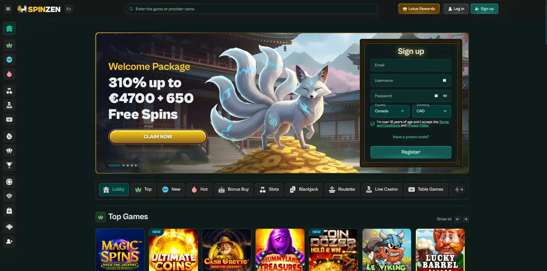 Screenshot of Spinzen Casino’s homepage.