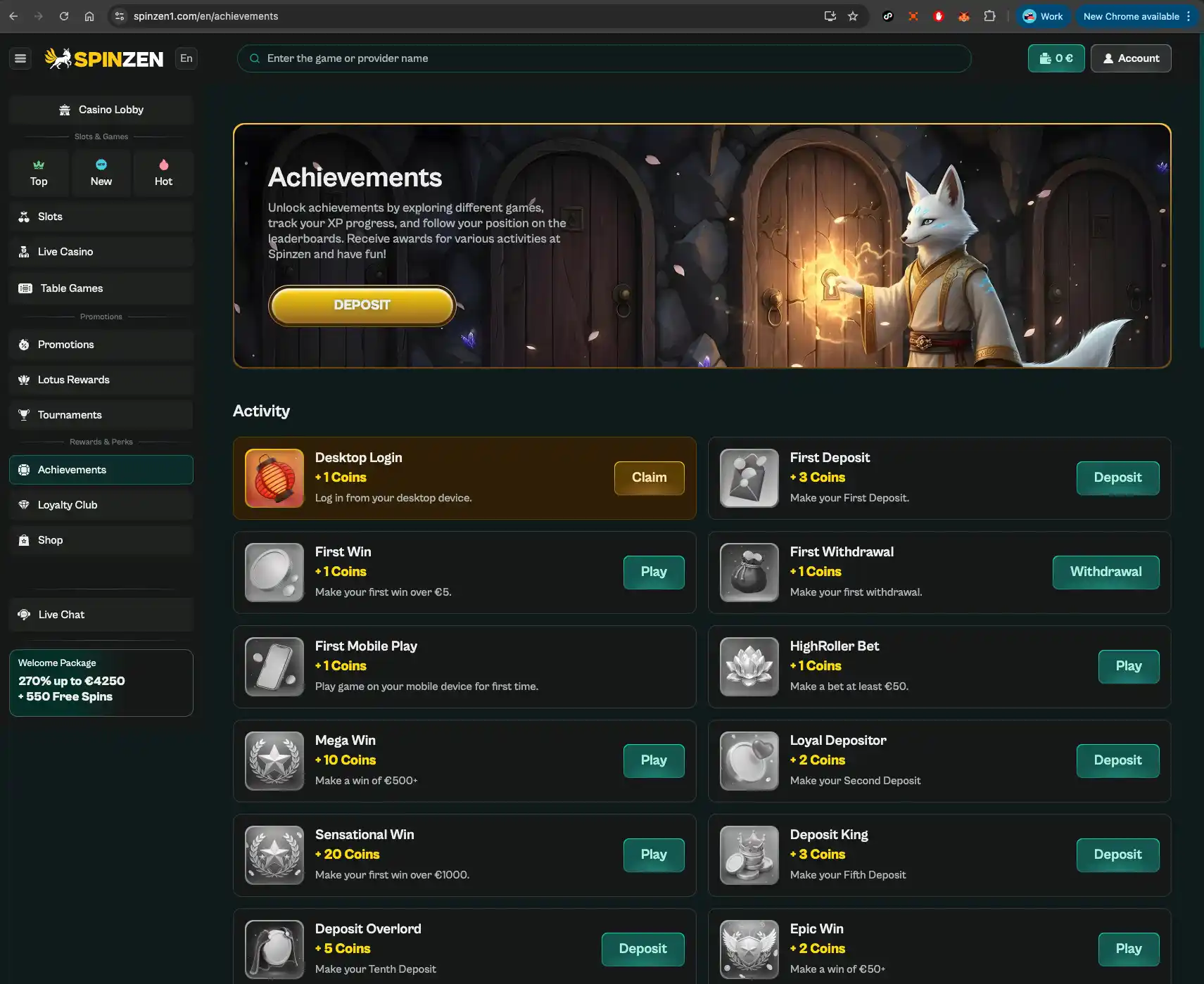Spinzen casino achievements screen