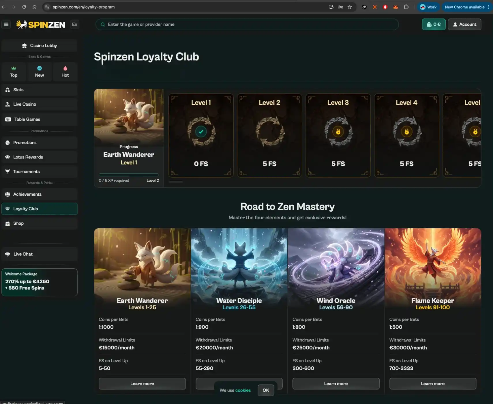 Spinzen casino loyalty club screen