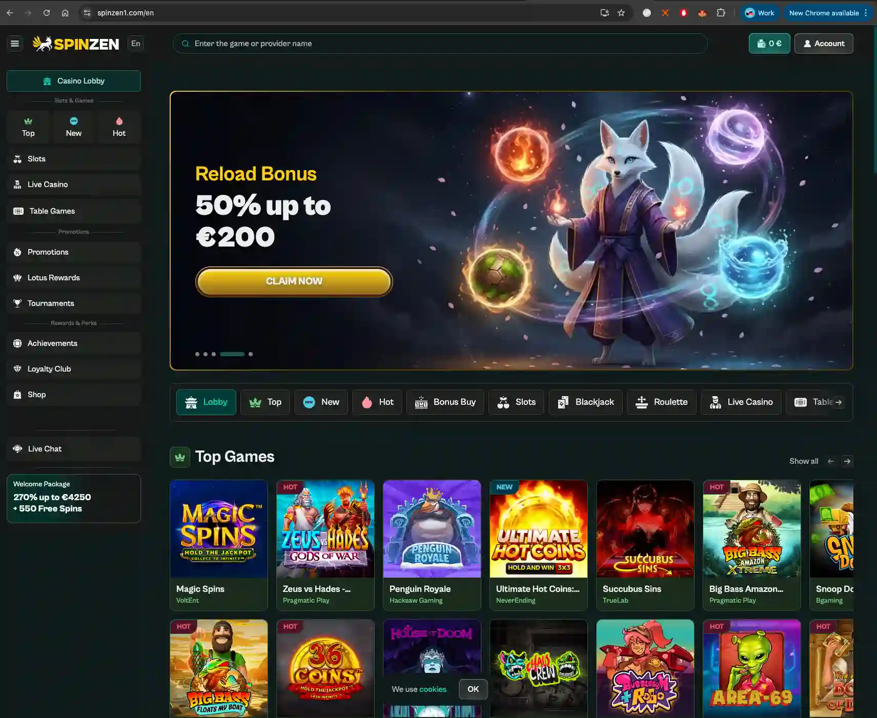 Spinzen homepage screen