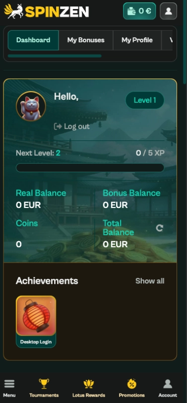 Spinzen casino account dashboard screen