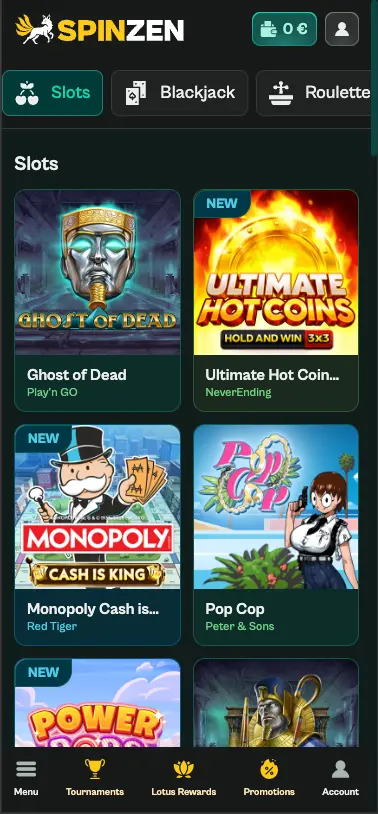 Spinzen casino slots screen
