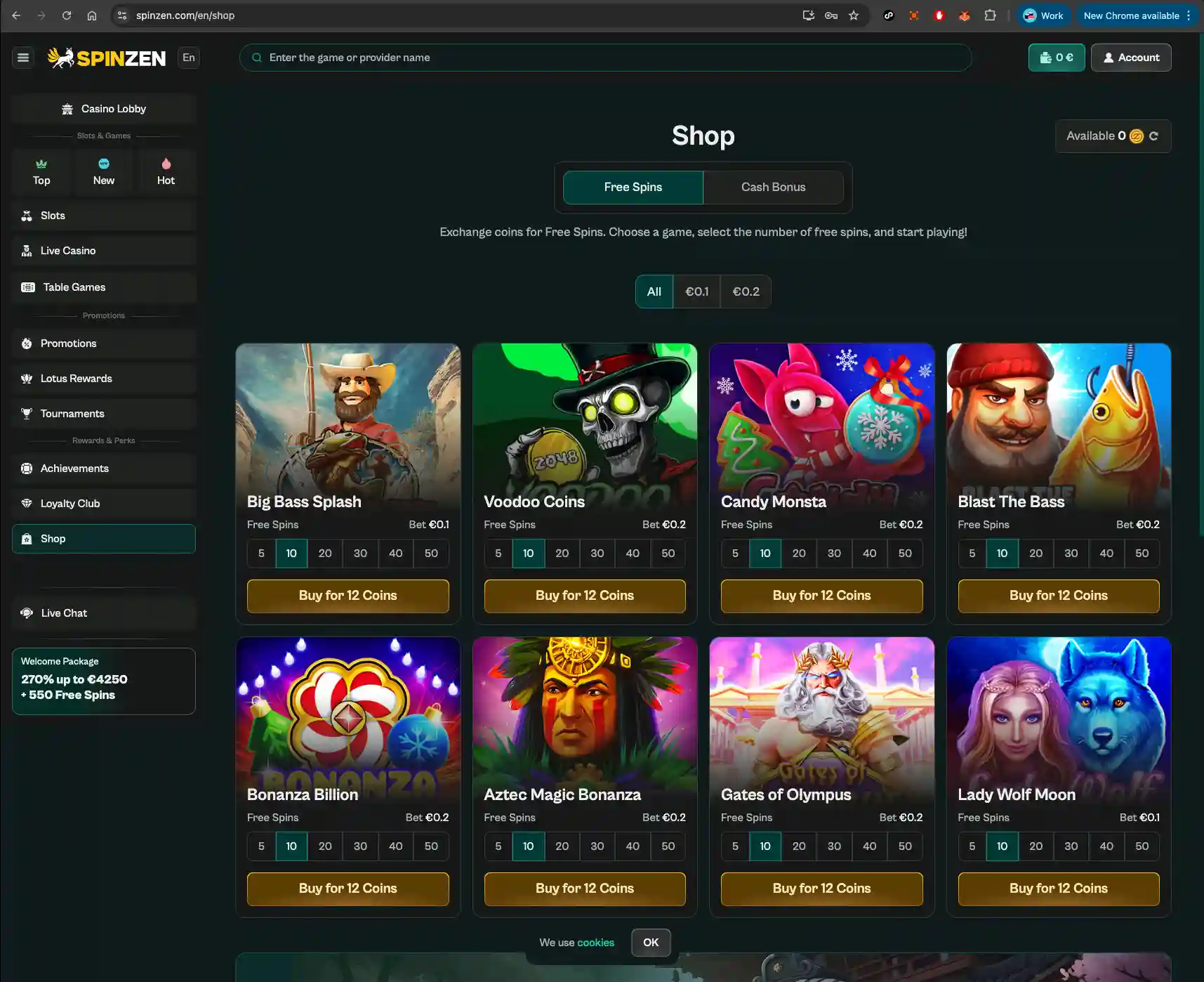 Spinzen casino shop screen