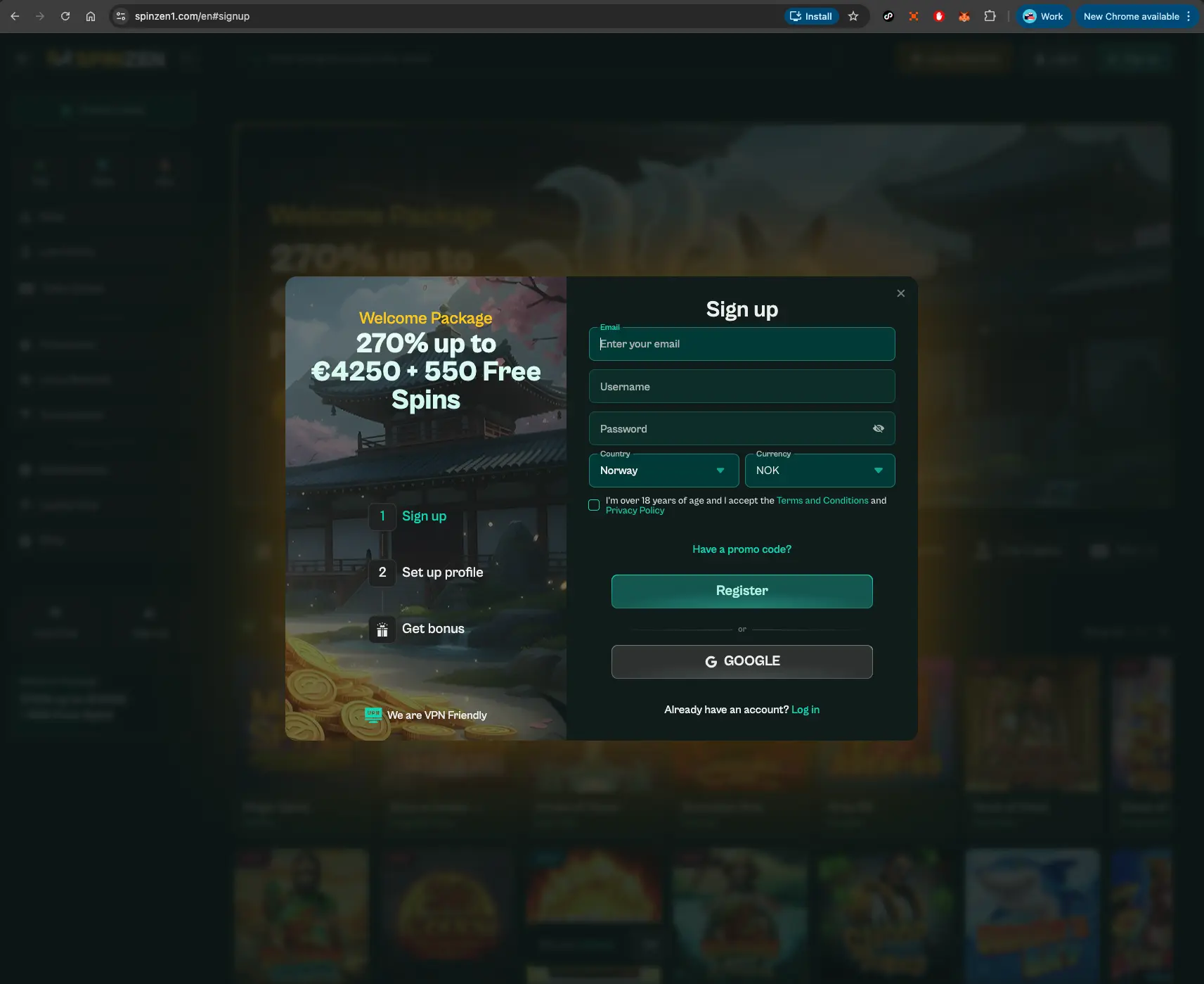 Spinzen casino sign-up screen