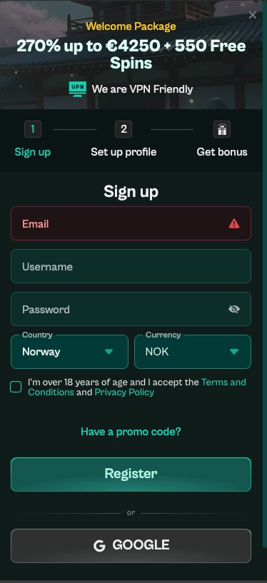 Spinzen casino Sign-up screen